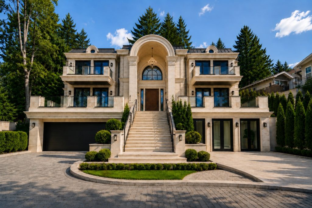 Symmetrical Stone Front Elevation Of The Altamont Residence In Daylight